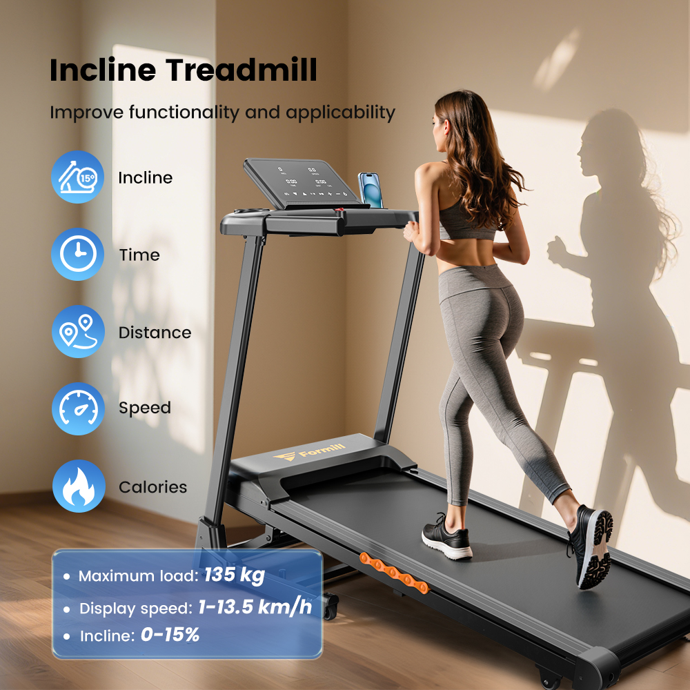 Donna corre su tapis roulant inclinato. Caratteristiche: inclinazione, tempo, distanza, velocità, calorie.