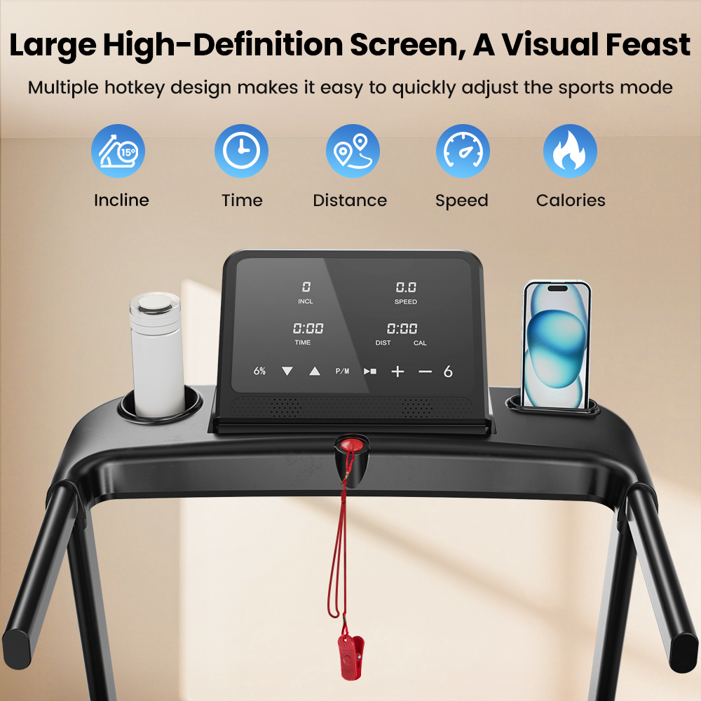 Un tapis roulant con un grande schermo che mostra inclinazione, tempo, distanza, velocità e calorie.