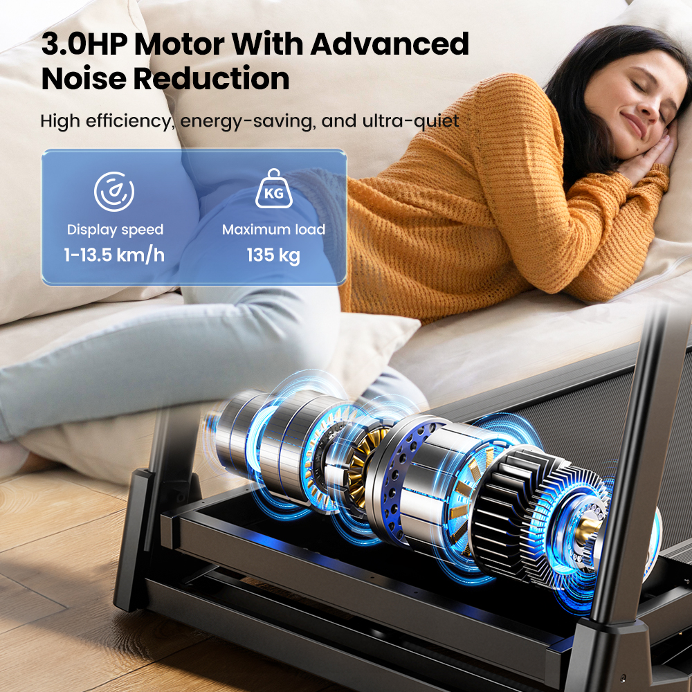 Motore tapis roulant da 3,0 CV con riduzione del rumore, accanto a una donna che dorme.