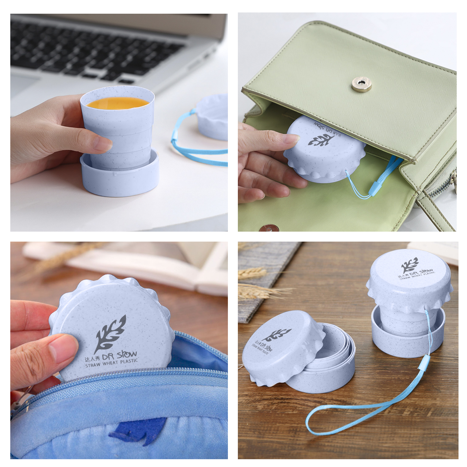 Una mano sujeta una taza plegable azul claro con zumo de naranja. Un portátil al fondo.