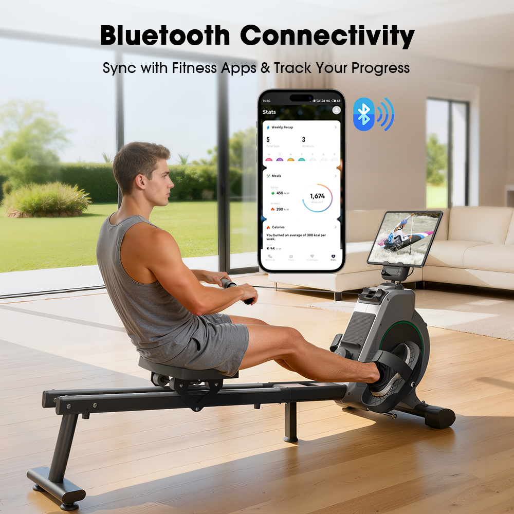 Uomo su vogatore, telefono mostra statistiche fitness, tablet con immagine surf.