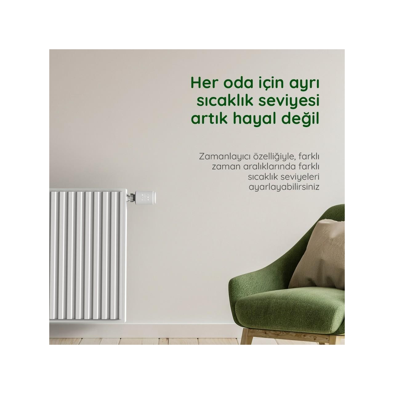 Termostatlı beyaz radyatör, yeşil koltuğun yanında.