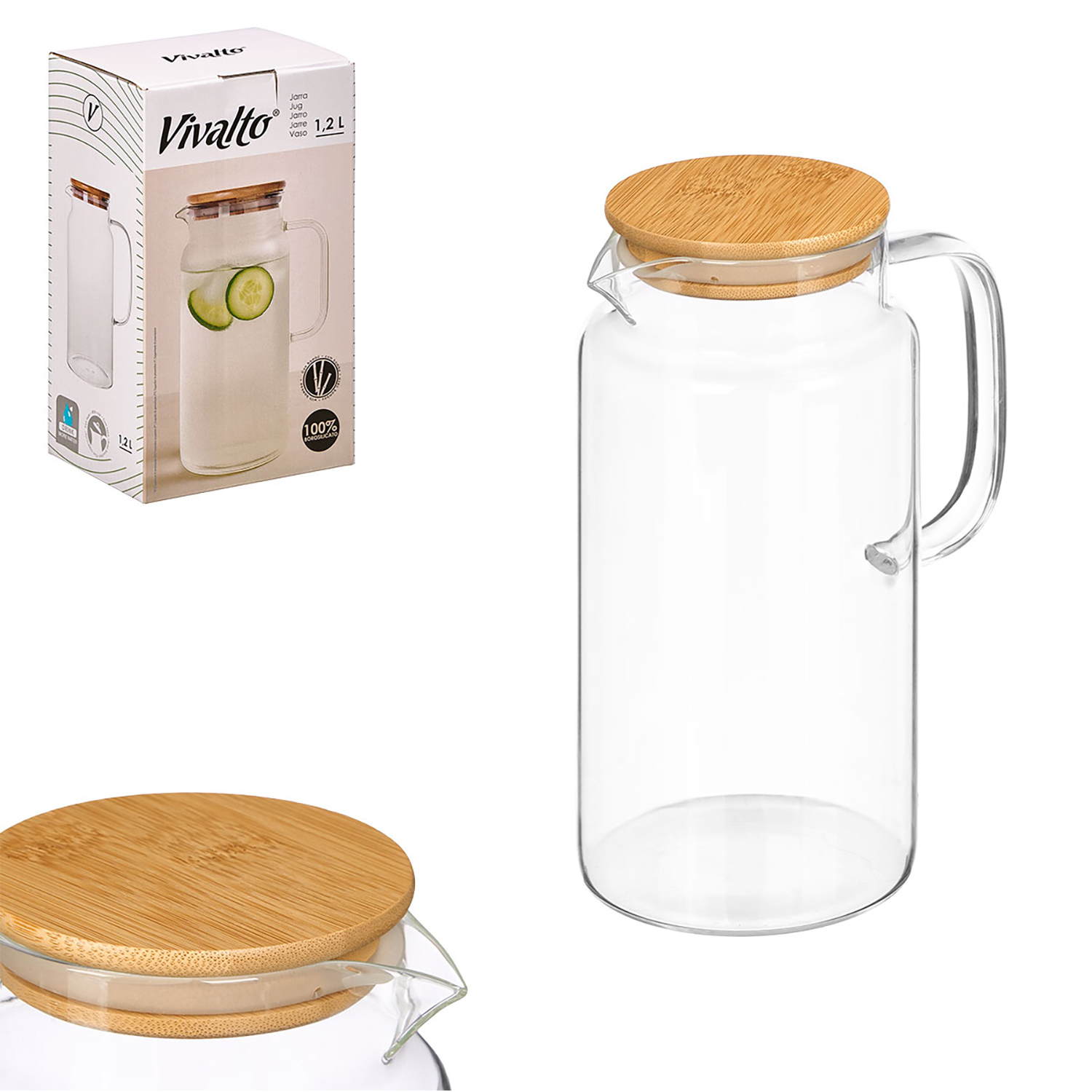 Jarra de cristal con tapa y asa de bambú, 1.2L