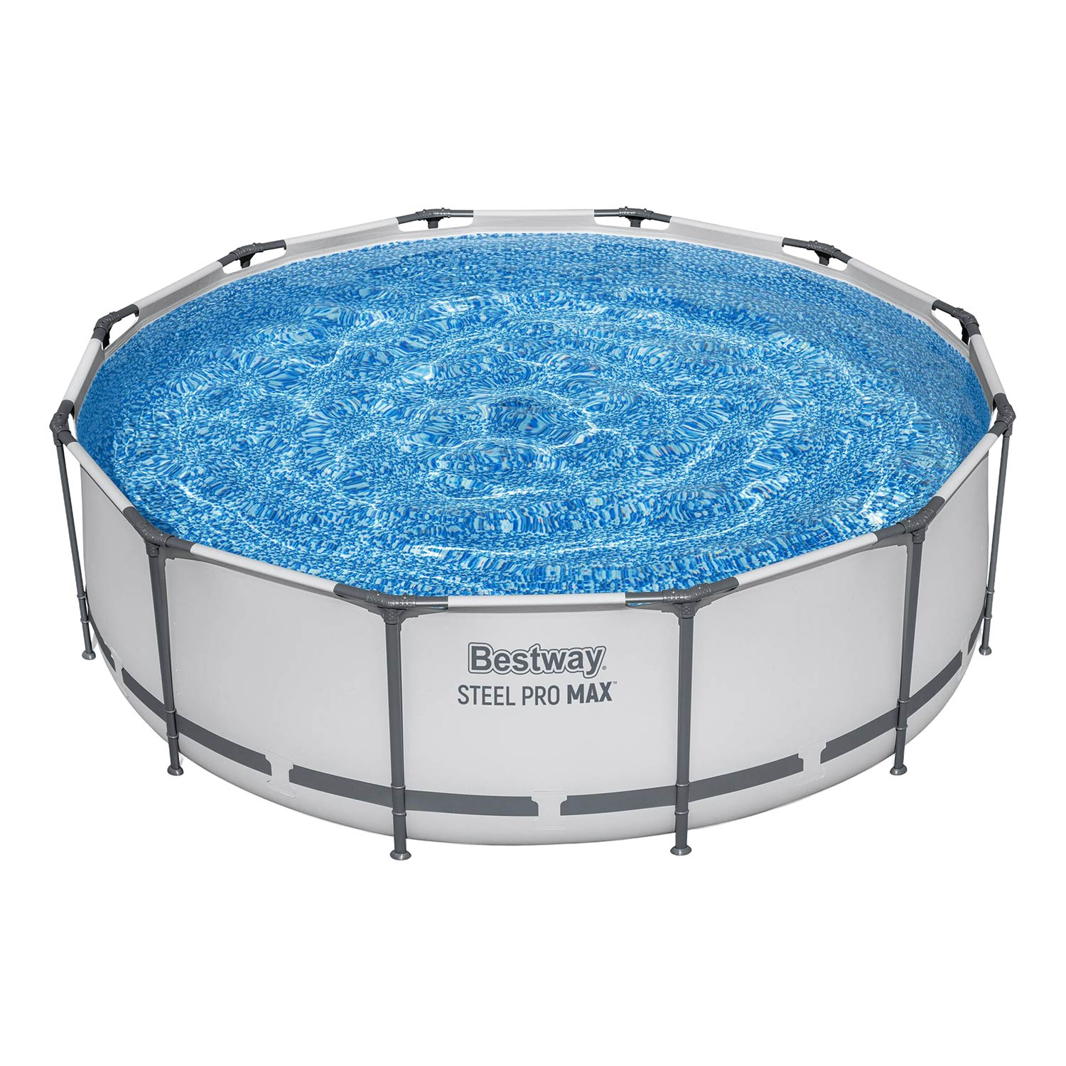 Okrągły basen Bestway Steel Pro Max z niebieską wodą i metalową ramą.