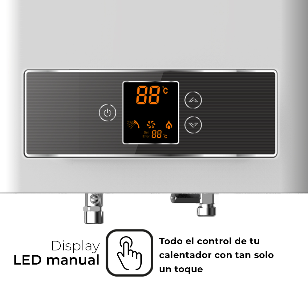 Una pantalla LED muestra 88°C. Iconos de ducha, ventilador y llama visibles.