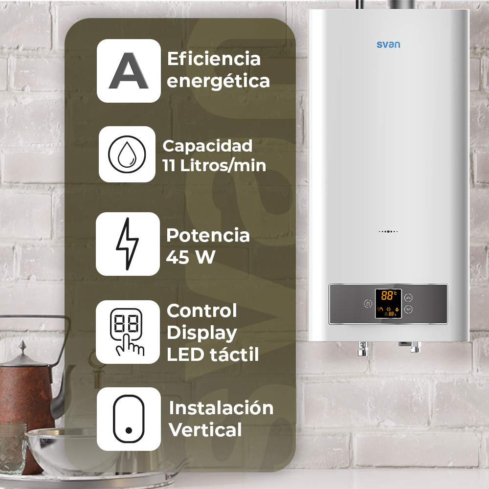 Un calentador de agua Svan blanco con pantalla LED. Las especificaciones están a la izquierda.