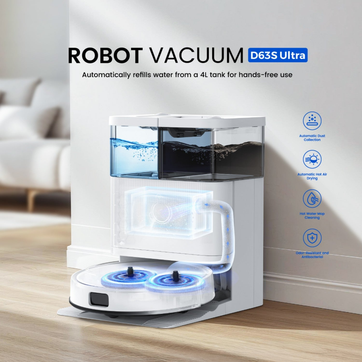 Aspiradora robot blanca con cepillos giratorios junto a una estación con tanques de agua.