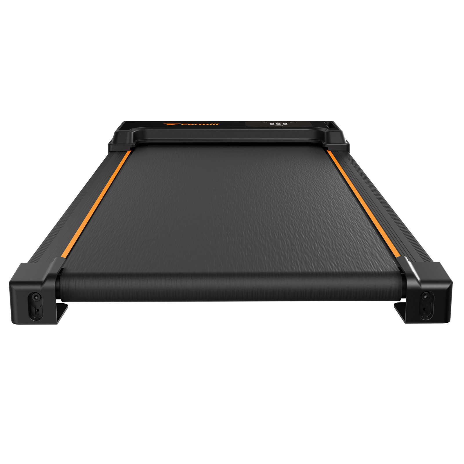 Tapis roulant nero con finiture arancioni e display digitale. Sfondo bianco.