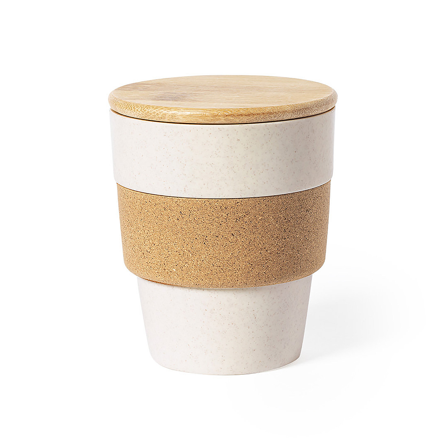 Tazza beige con fascia in sughero e coperchio in bambù.