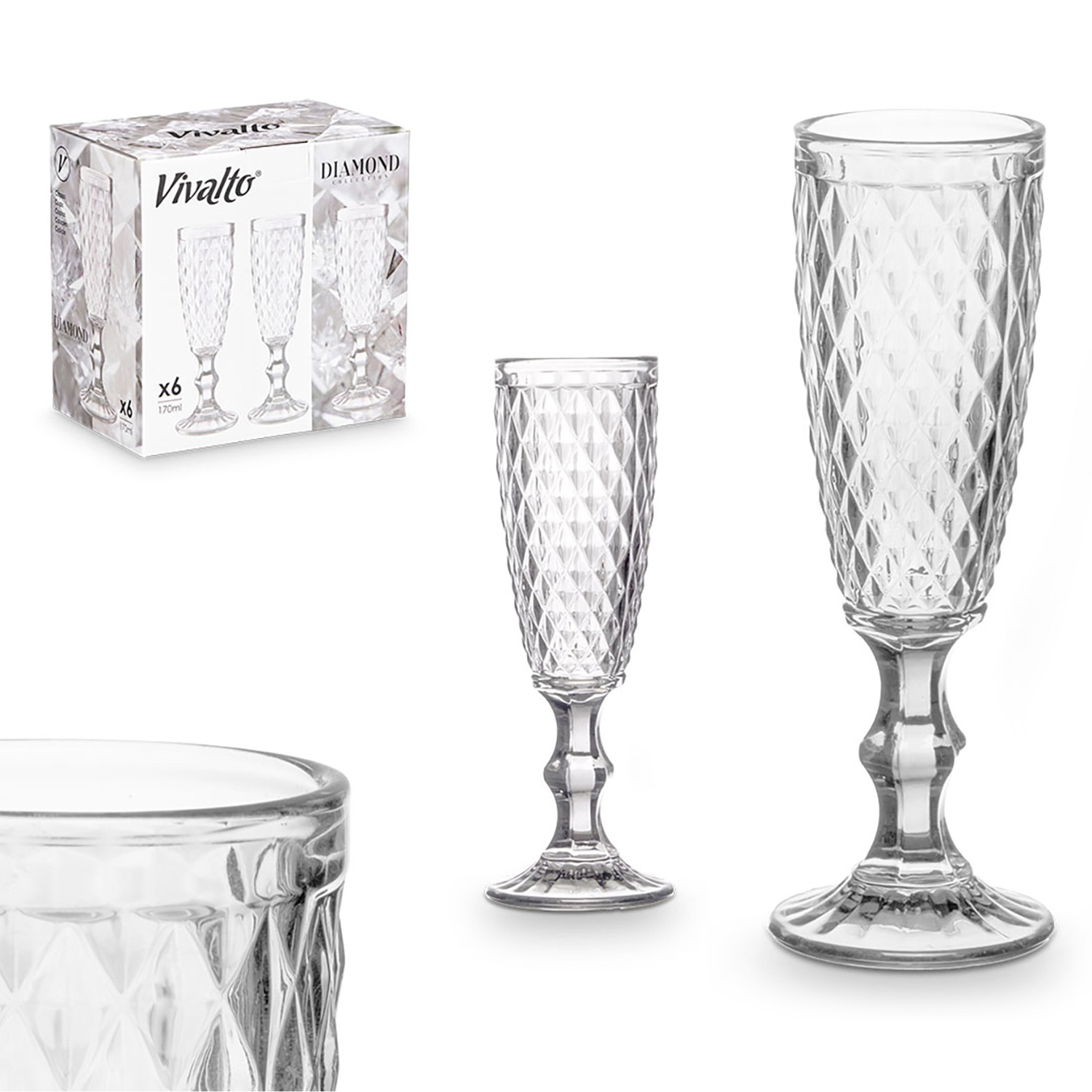 Una scatola di bicchieri da champagne Vivalto Diamond accanto a due bicchieri singoli.