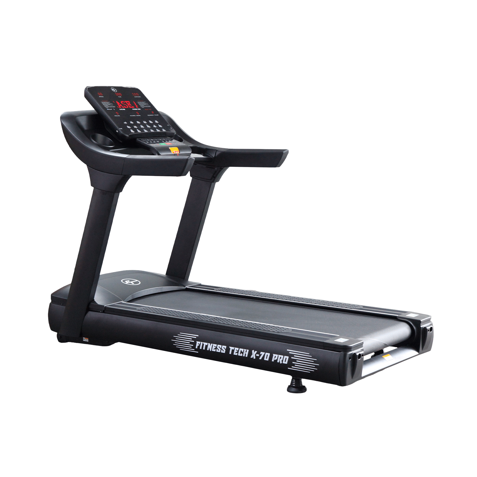 Tapis roulant nero con console digitale e portabicchieri. Scritta: FITNESS TECH X-70 PRO.