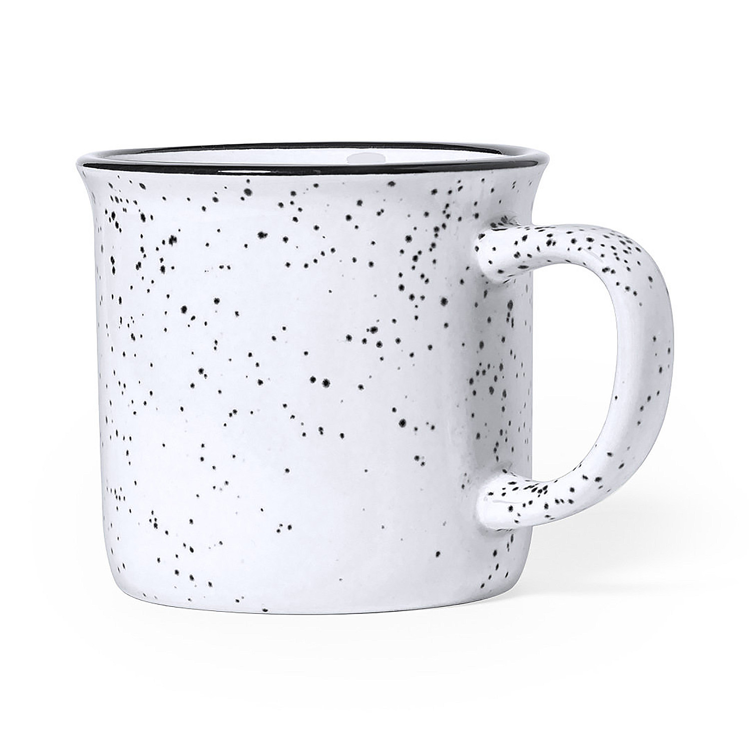 Una tazza bianca con macchie nere e un bordo nero.