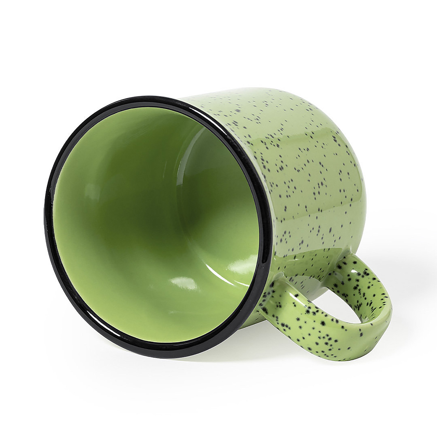 Tazza verde chiaro maculata con bordo nero, su sfondo bianco.
