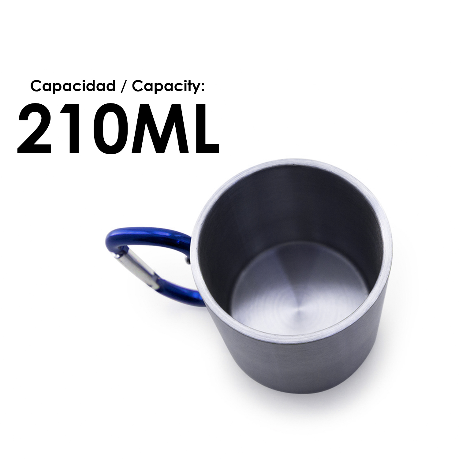 Tazza in metallo grigio con manico a moschettone blu, capacità 210ml.