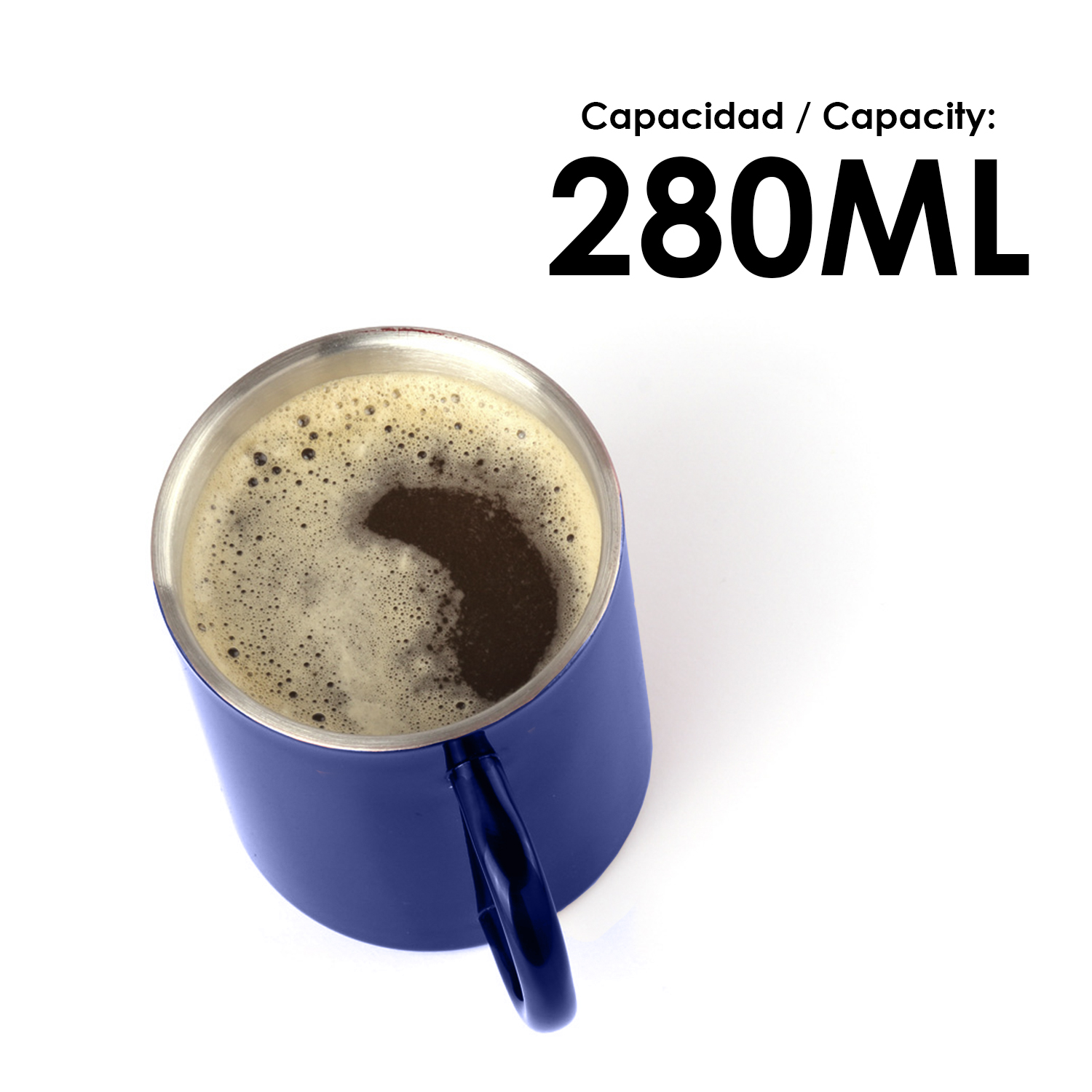 Una tazza blu piena di caffè e schiuma, con testo "Capacità: 280ML".