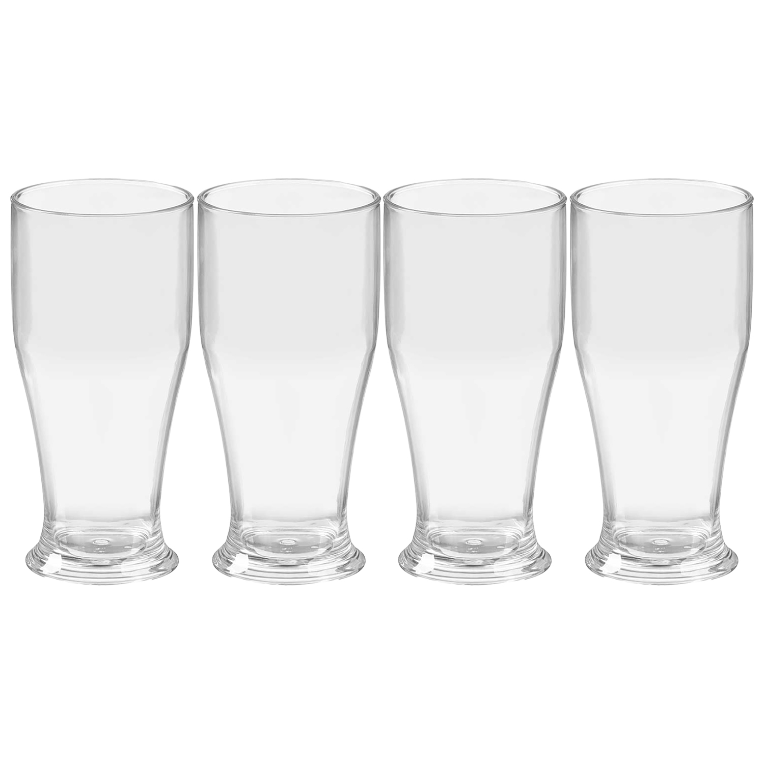 Quattro bicchieri da birra vuoti e trasparenti con base larga, uno accanto all'altro.