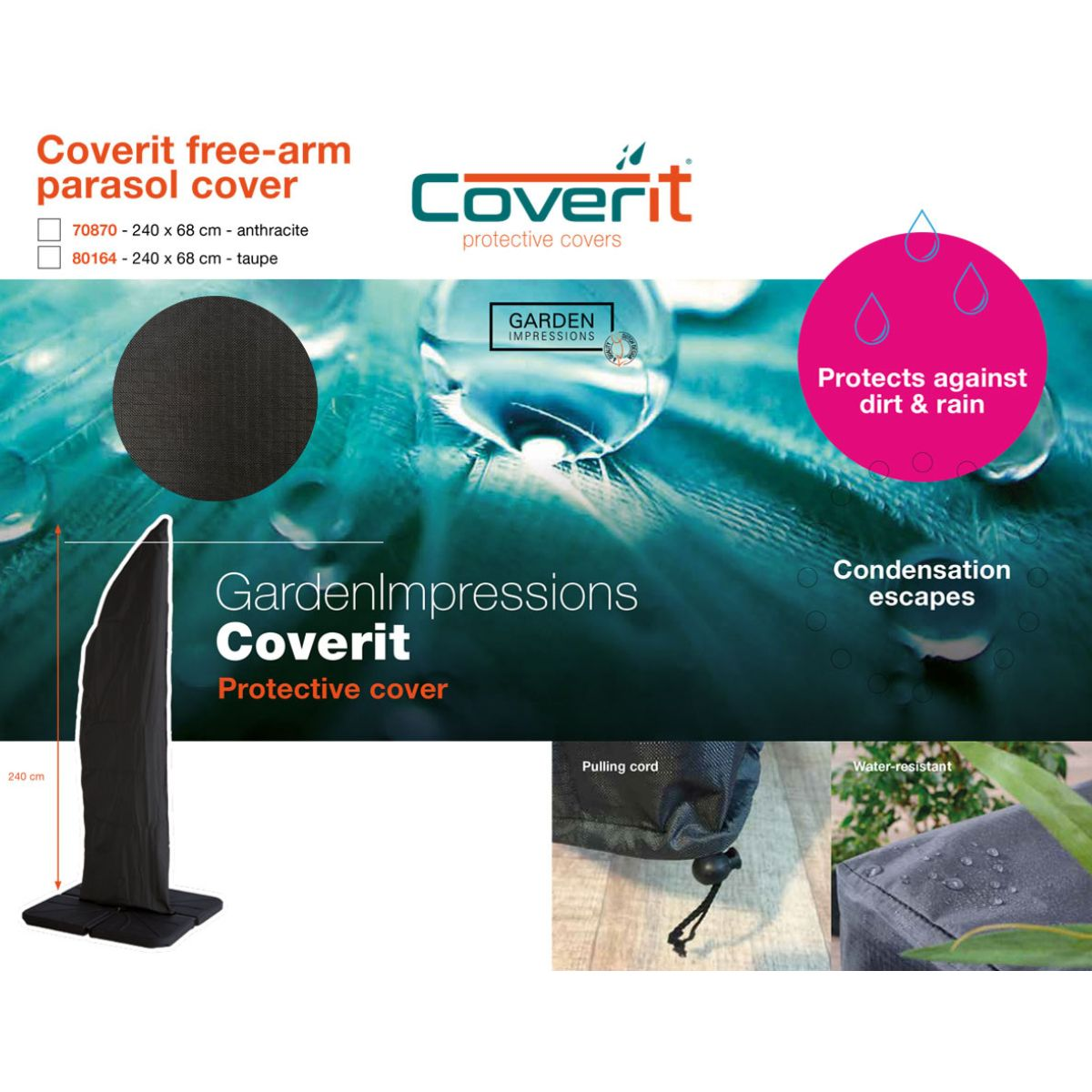 A black parasol cover with Coverit logo and product details shown.