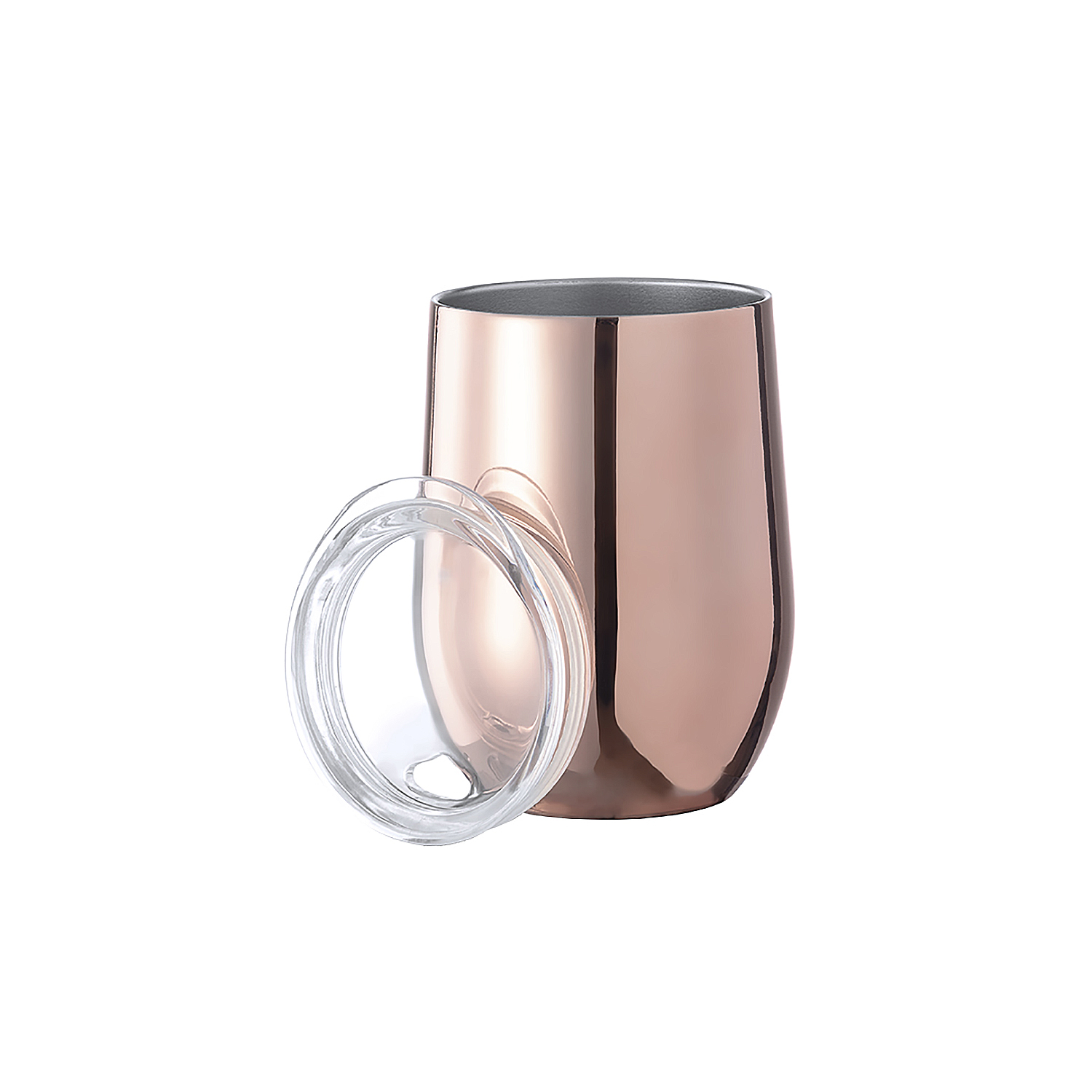 Un bicchiere color oro rosa con coperchio trasparente, su sfondo bianco.