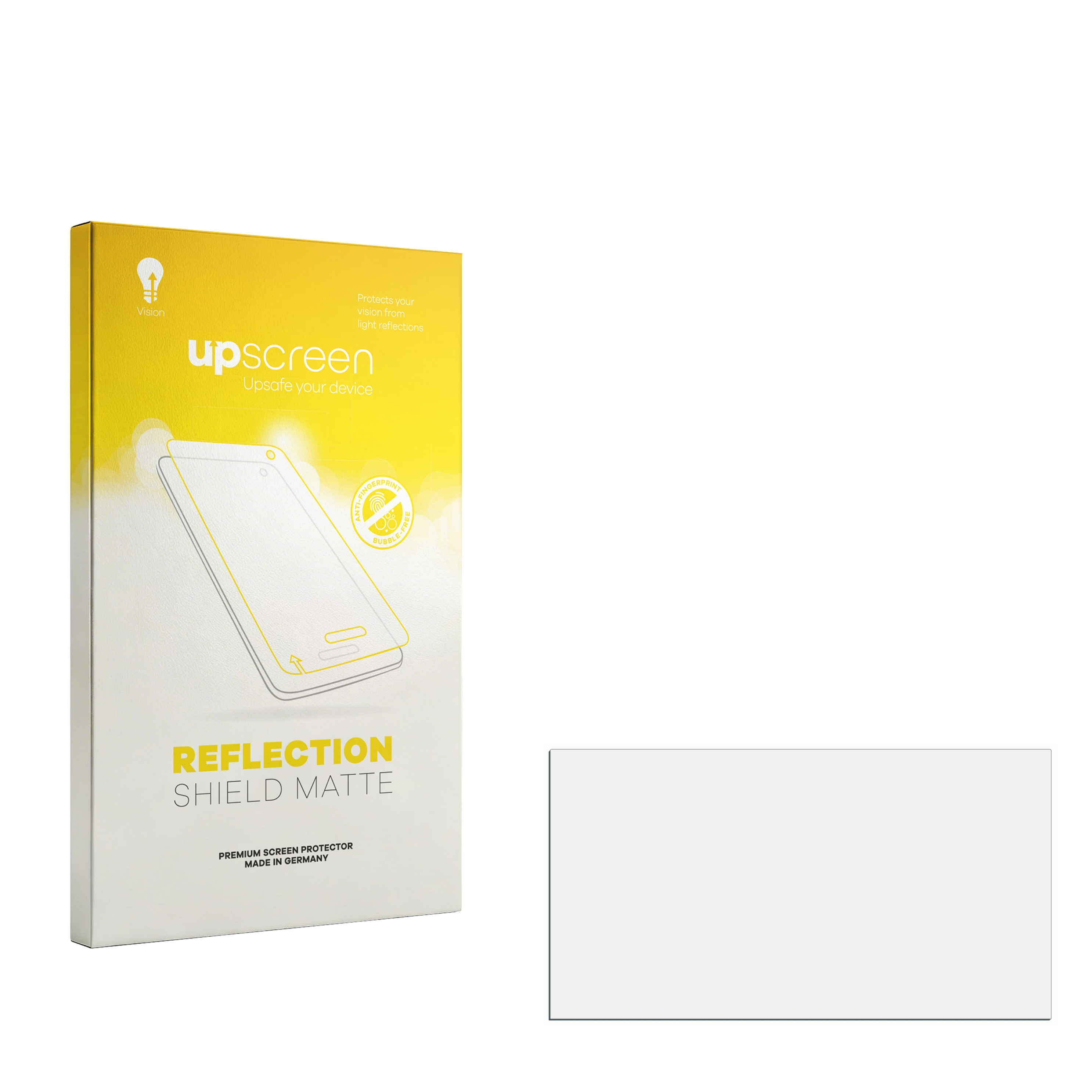 Verpackung für Displayschutzfolie: Gelb mit Aufdruck 'upscreen Reflection Shield Matte'.