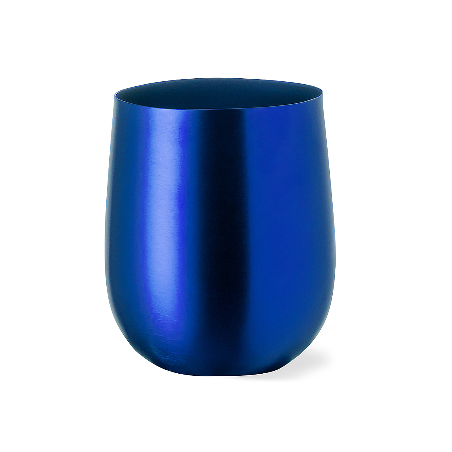 Un bicchiere blu metallico senza stelo su sfondo bianco.