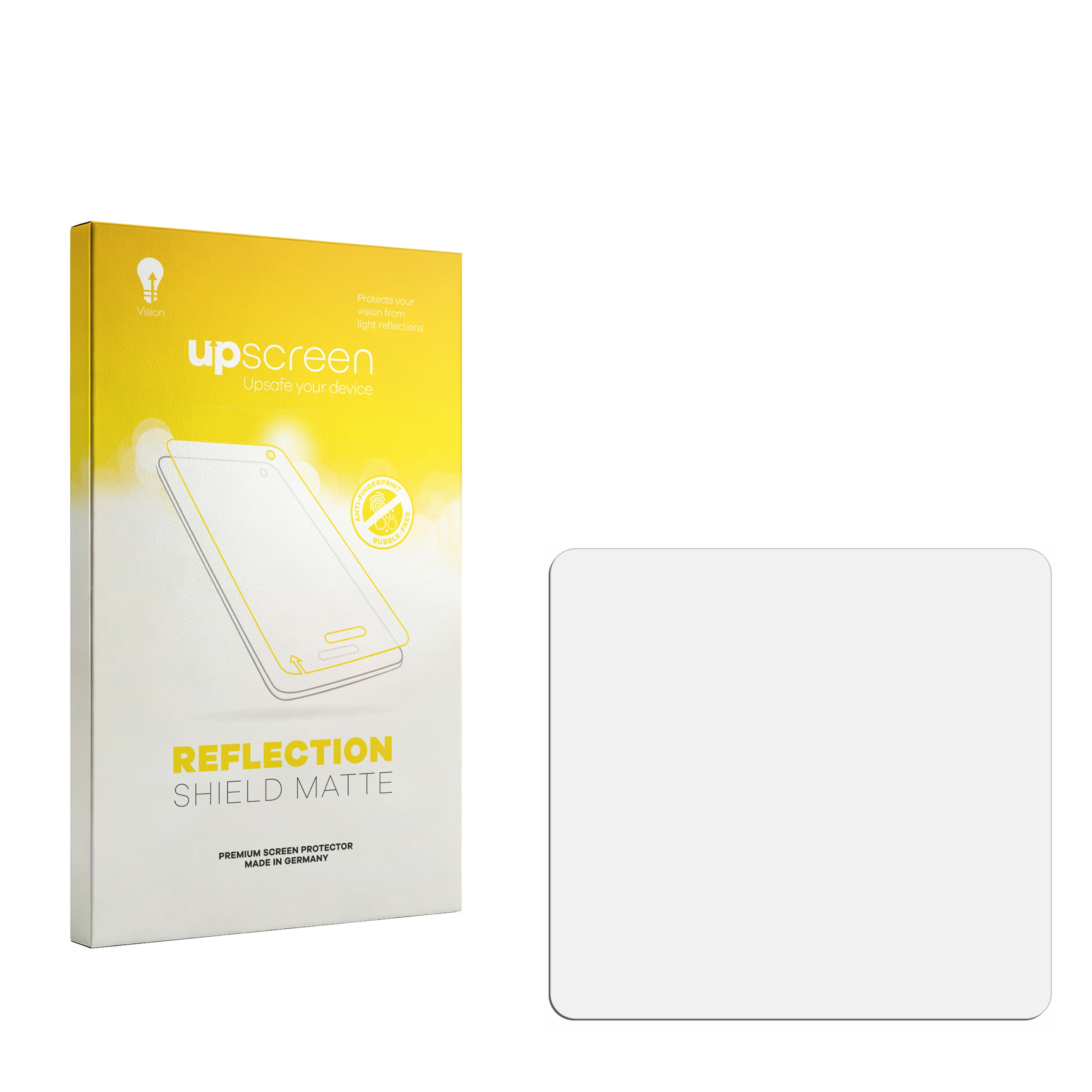 Gelbe Verpackung für Displayschutzfolie mit Smartphone-Abbildung und klarer Folie daneben.