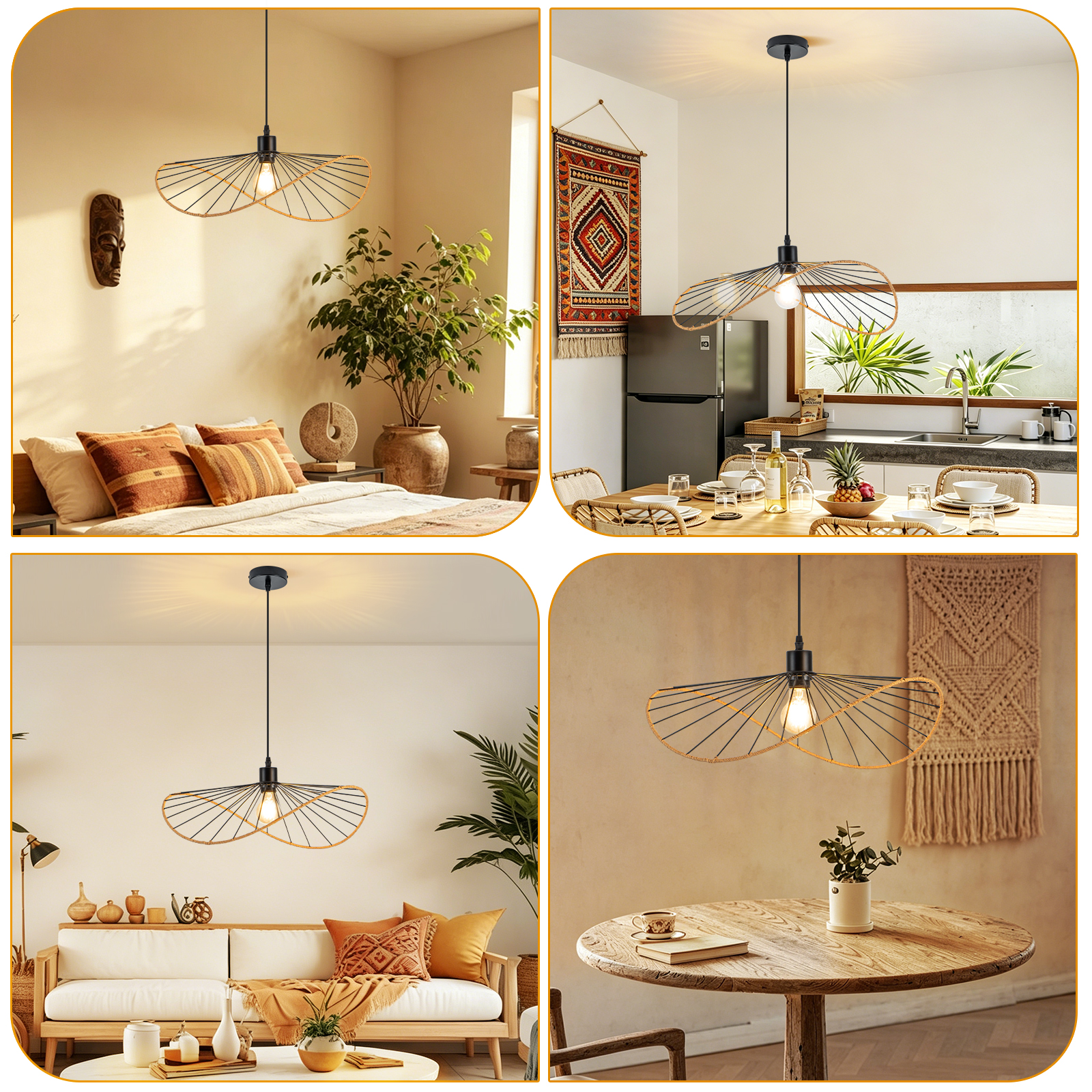 Una lampada a sospensione decorativa in stile boho pende sopra un tavolo da pranzo e un divano.