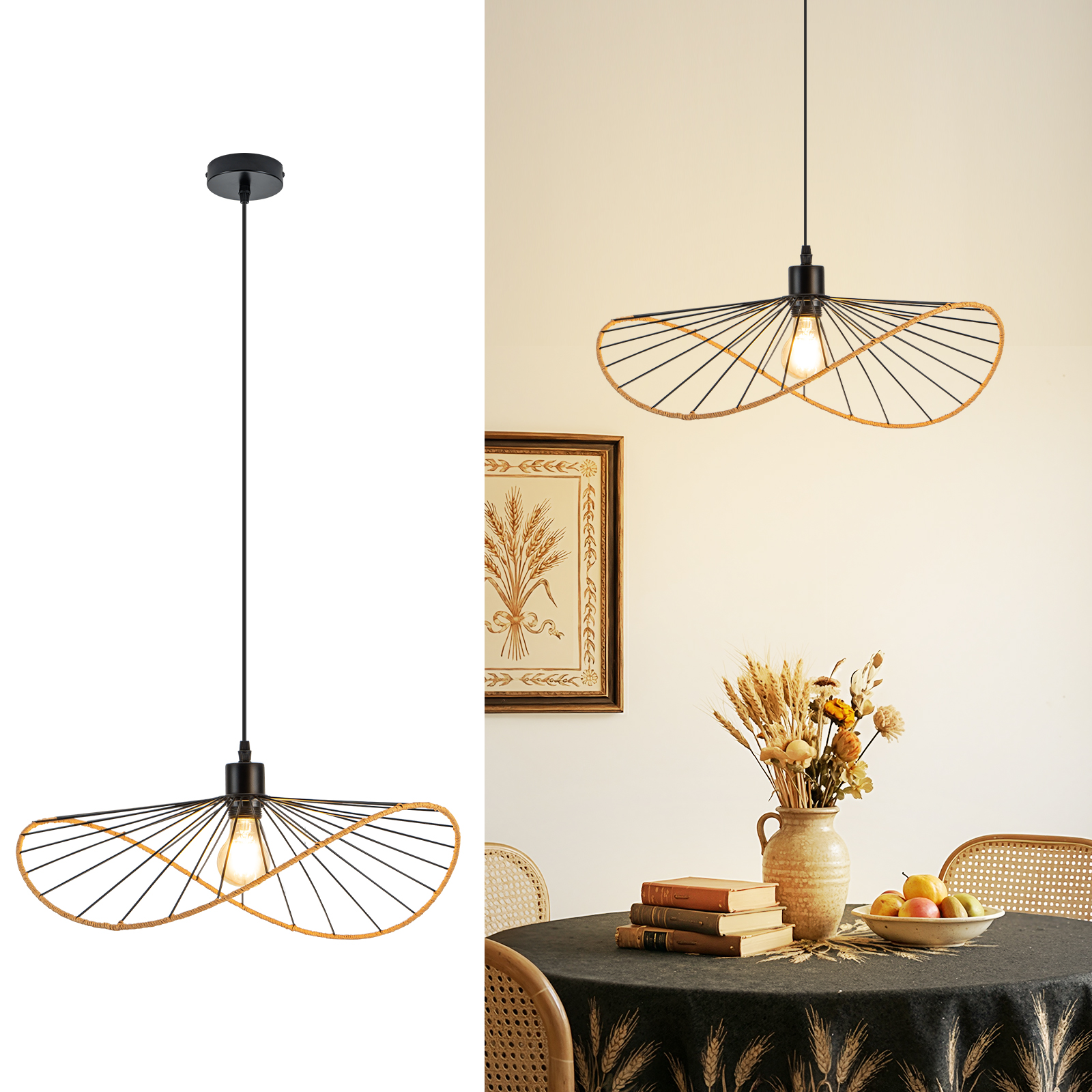 Ein moderner Pendelleuchter mit schwarzem Metallrahmen und seilumwickeltem Rand, beleuchtet.