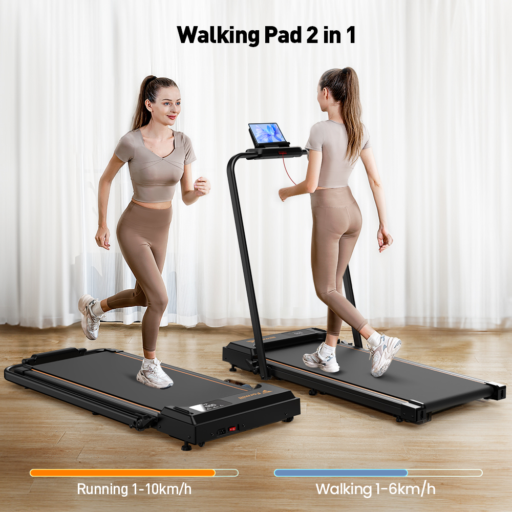 Zwei Frauen auf Laufbändern; eine rennt, die andere geht. "Walking Pad 2 in 1".