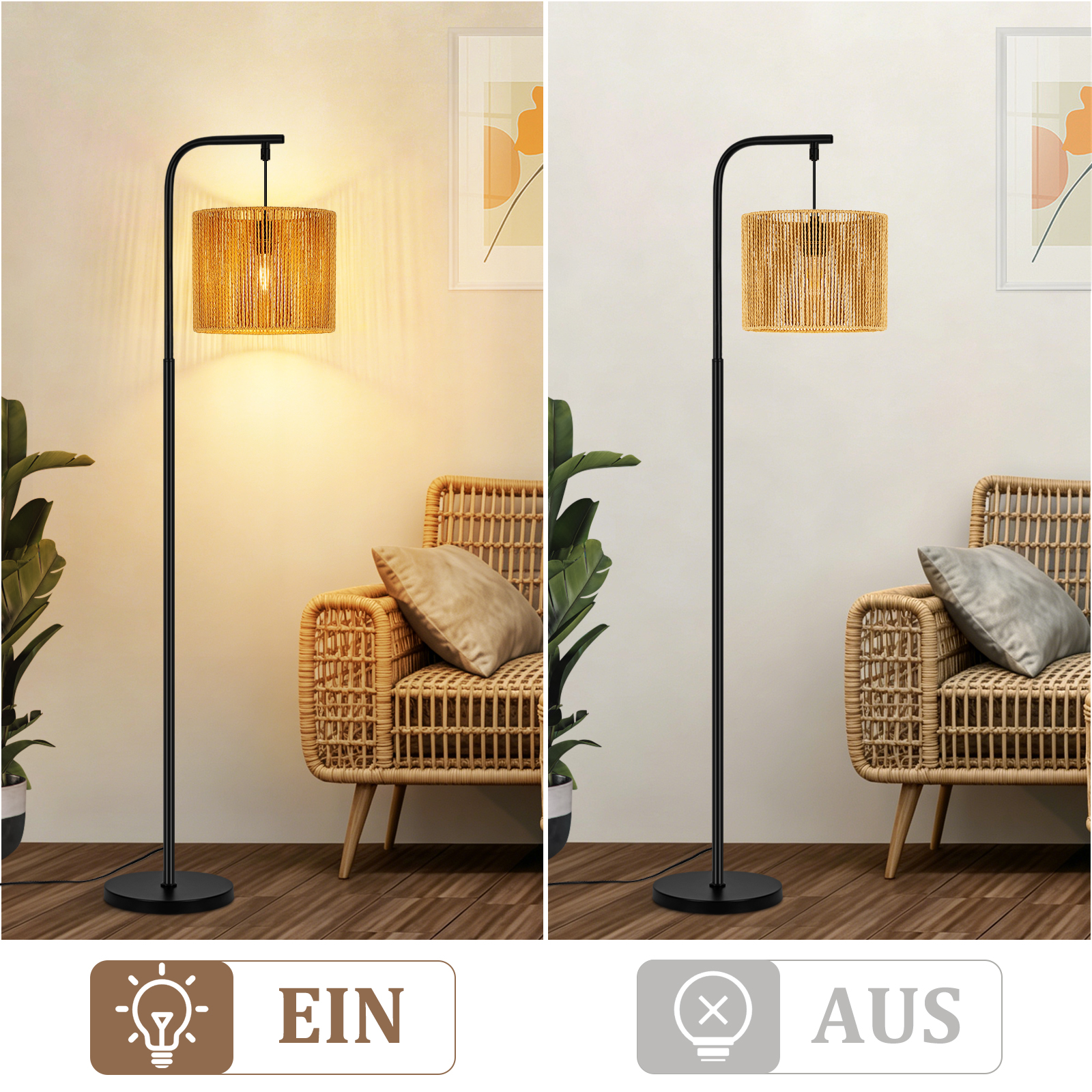 Lampada da terra con paralume in rattan, accesa e spenta, accanto a sedia in vimini.