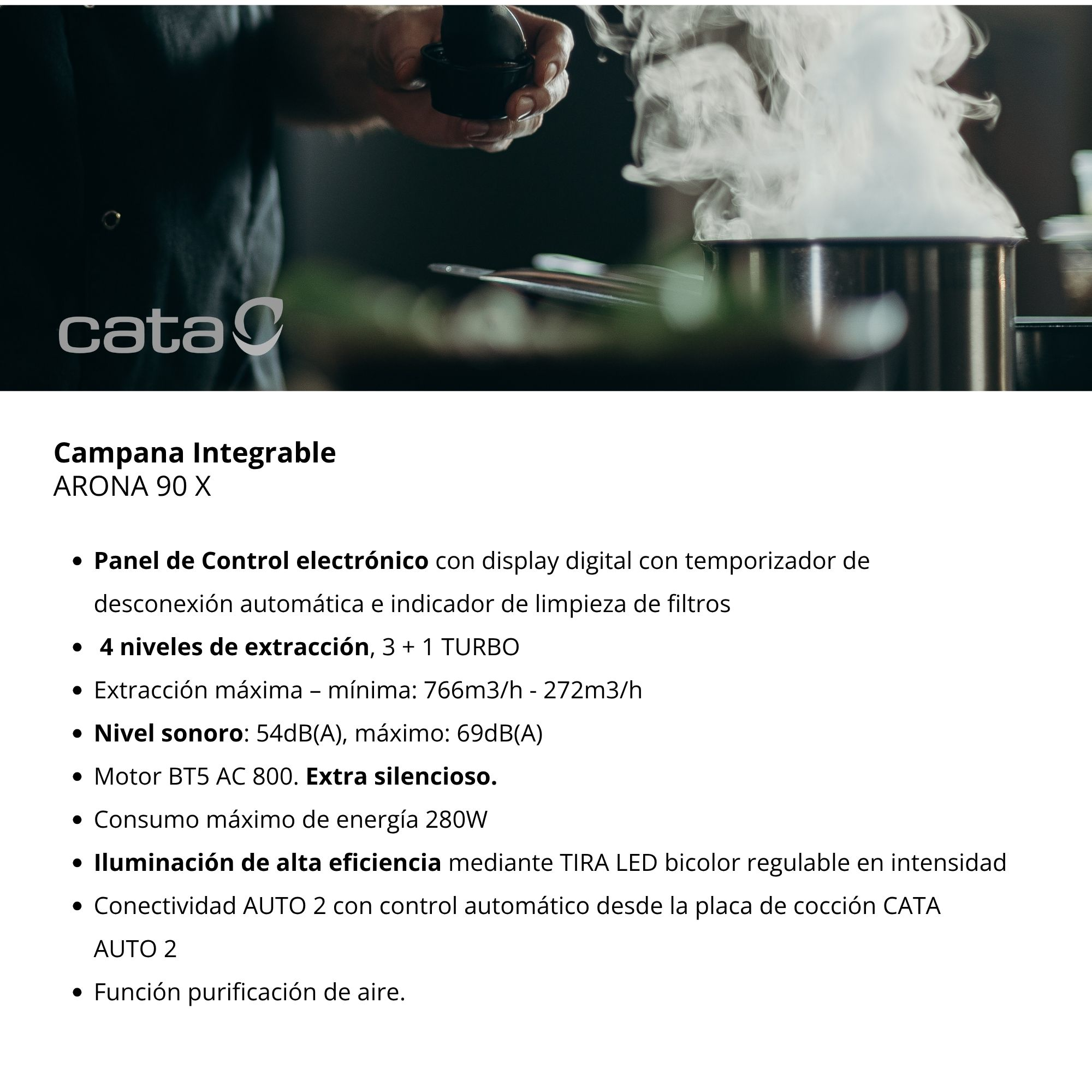 Un chef usa una cuchara sobre una olla humeante con logo Cata.