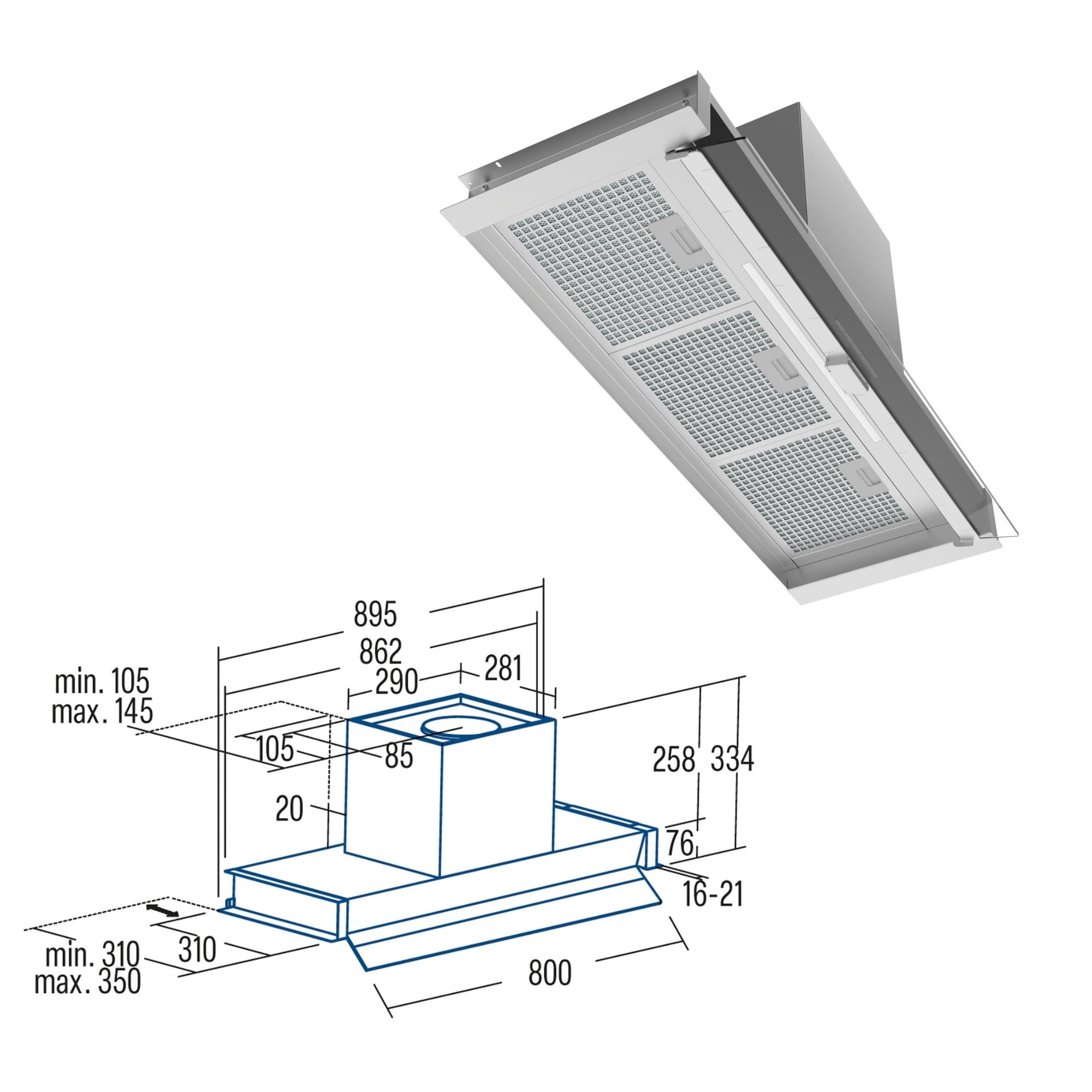Dibujo técnico de una campana extractora con dimensiones y detalles.