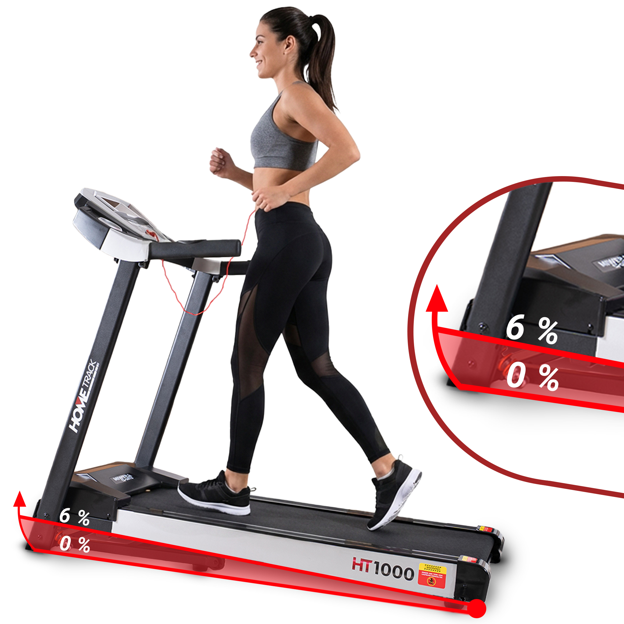 Eine Frau joggt auf einem Laufband mit Steigungsanzeigen von 0 % bis 6 %.