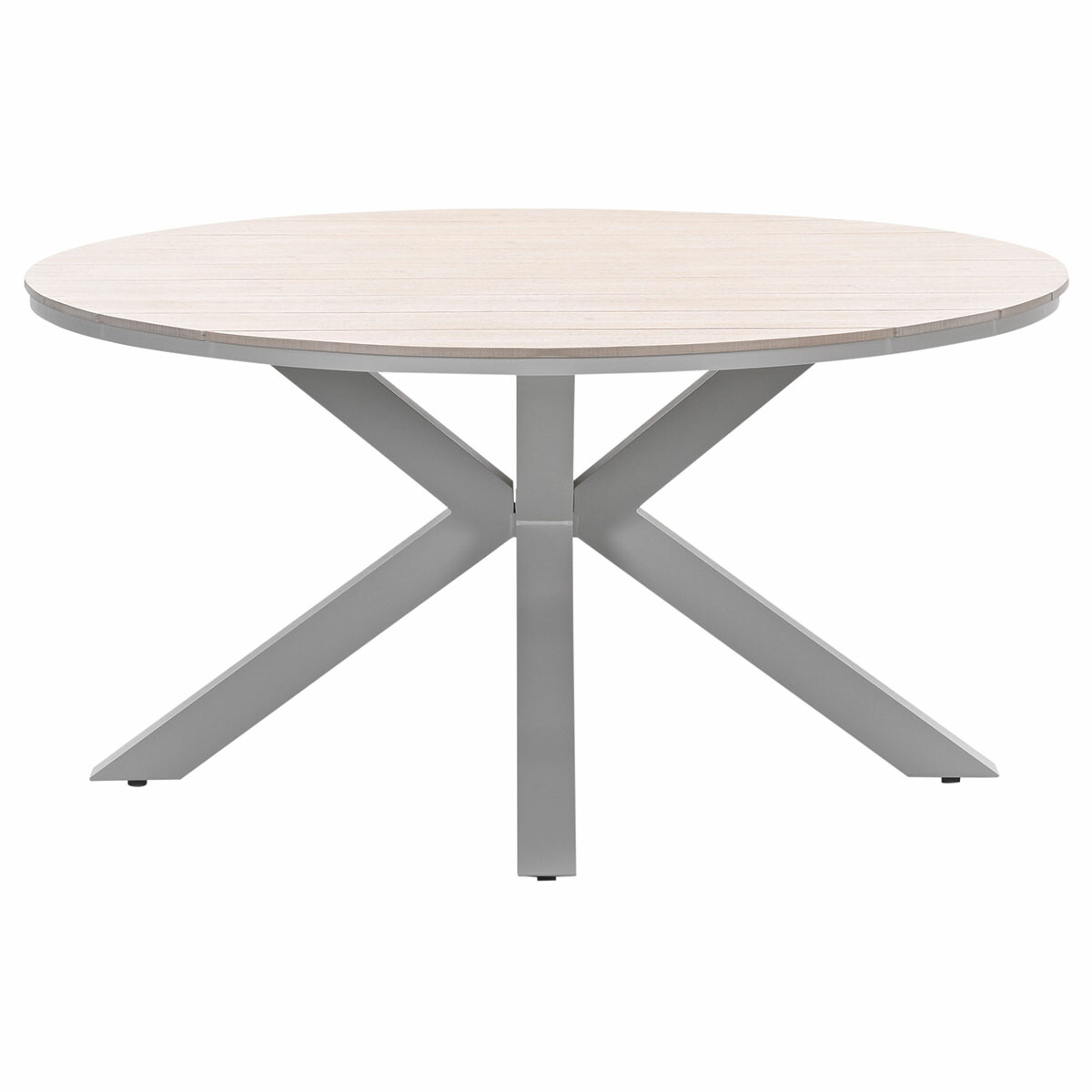A round table with a light wood top and a grey metal base.