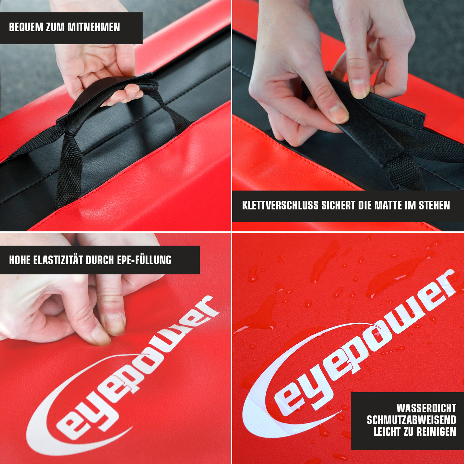 Vier Detailaufnahmen einer roten Matte mit weißem Logo. Zeigt Tragegriff, Klettverschluss, Elastizität und Wasserfestigkeit.