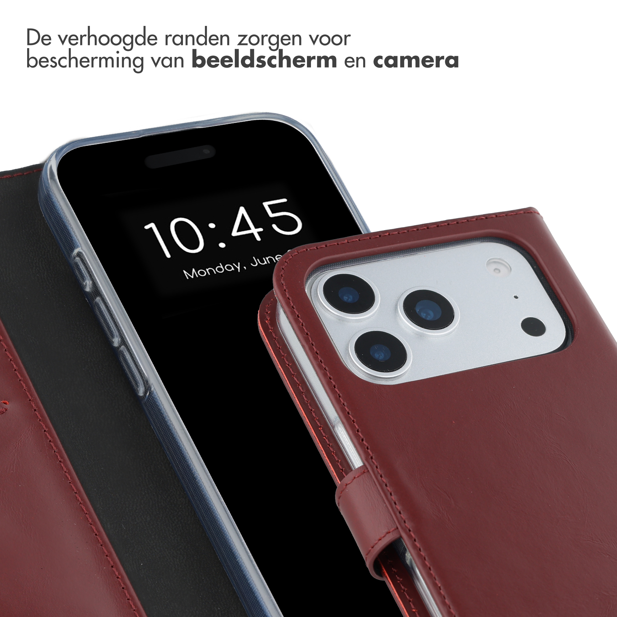 Rode lederen telefoonhoes met doorzichtig frame, met scherm.