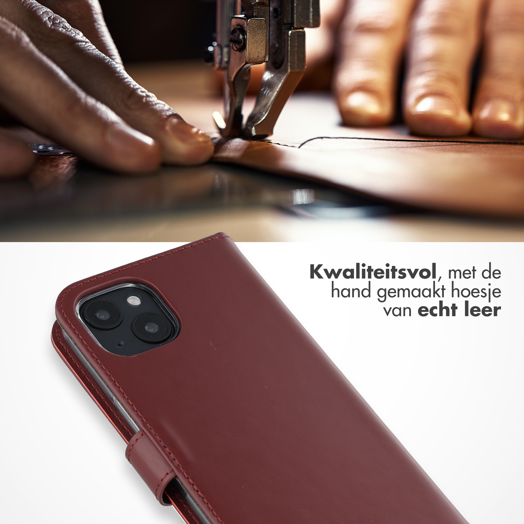 Handen naaien leer voor een telefoonhoes met een naaimachine.