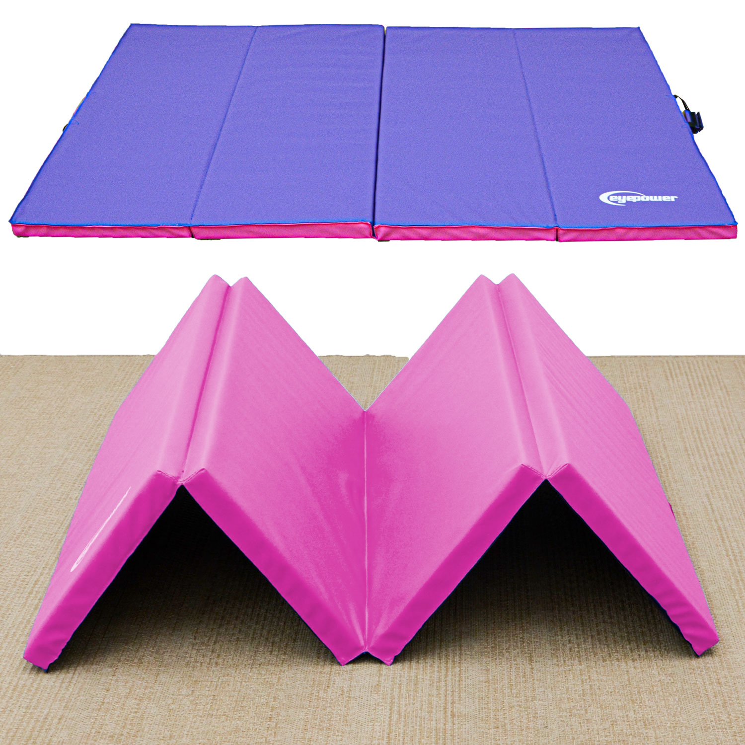 Zwei Klappmatten: eine flache lila mit rosa Rand, eine pink halb gefaltet.