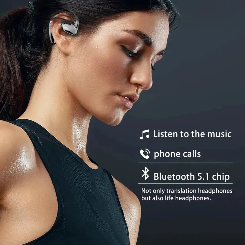Frau mit Ohrhörern, hört Musik und nimmt Anrufe entgegen. Verfügt über Bluetooth 5.1.