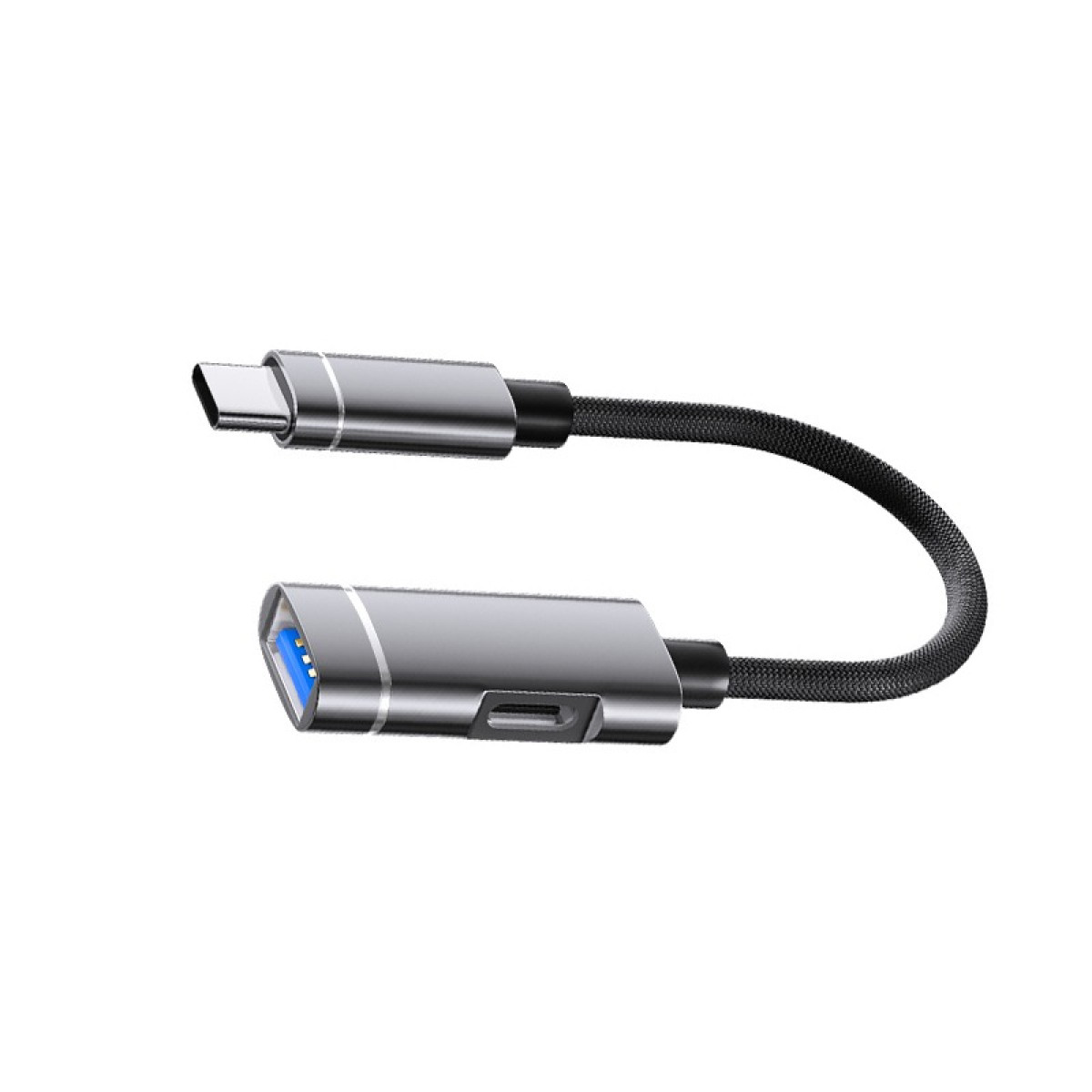 Ein silberner USB-C-Adapter mit einem USB-A-Anschluss und einem Ladeanschluss.