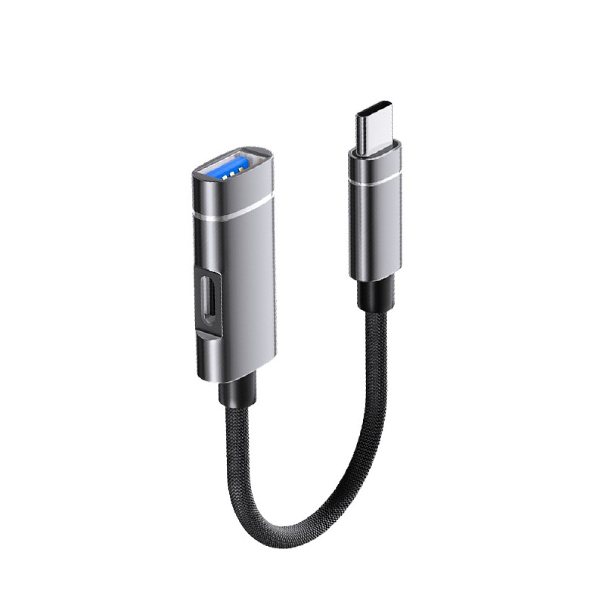 Ein silbernes USB-C zu USB-A Adapterkabel mit schwarzem geflochtenem Kabel.