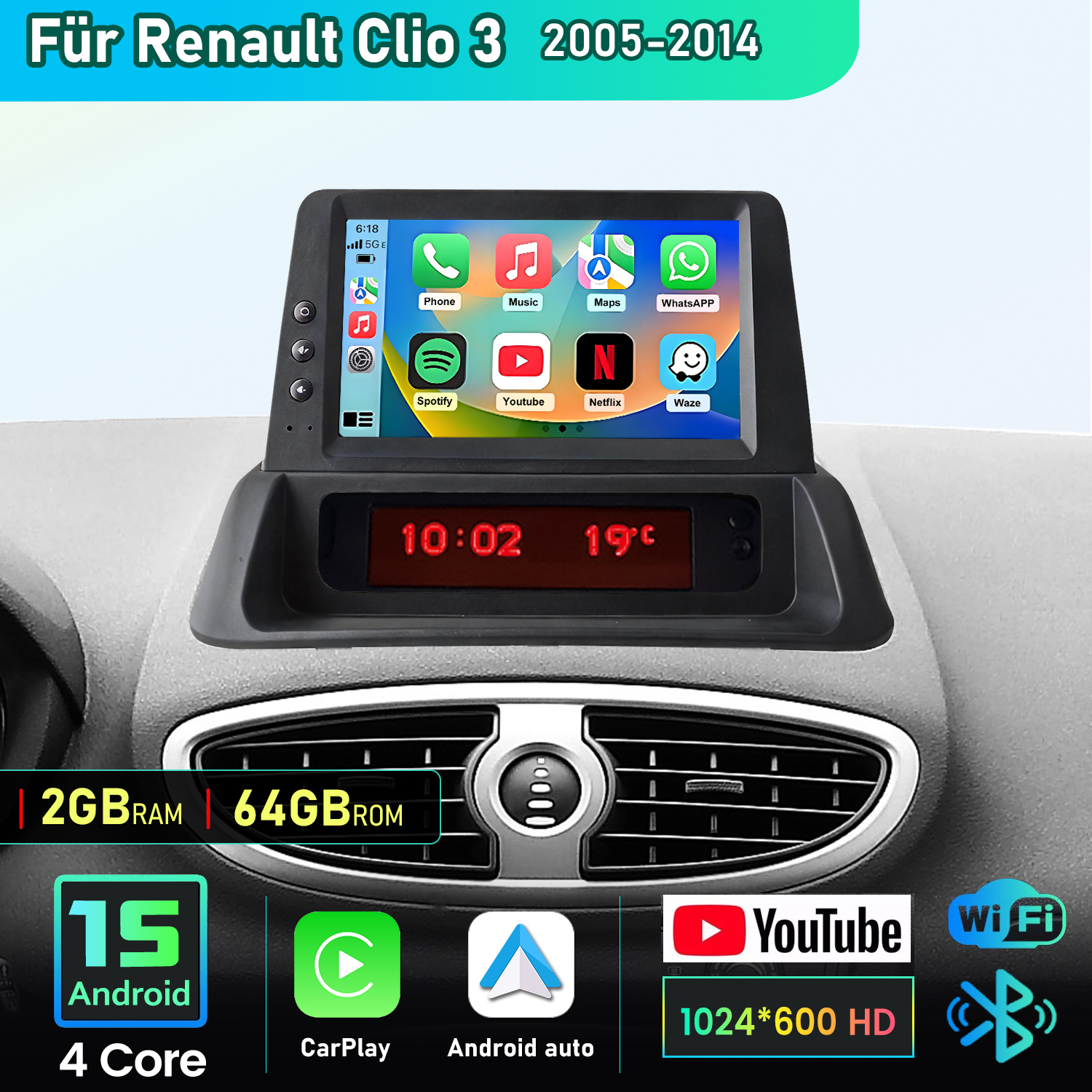 Wyświetlacz radia samochodowego do Renault Clio 3 z aplikacjami jak Spotify, YouTube, WhatsApp.