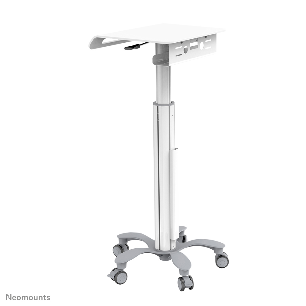 A white height-adjustable mobile stand with a white tabletop and a gray wheeled base.