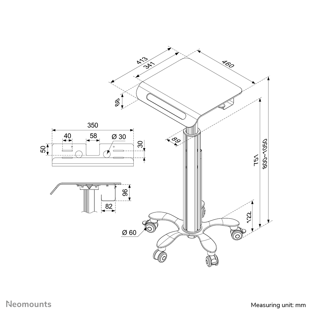 Technical drawing of an adjustable height desk with casters.
