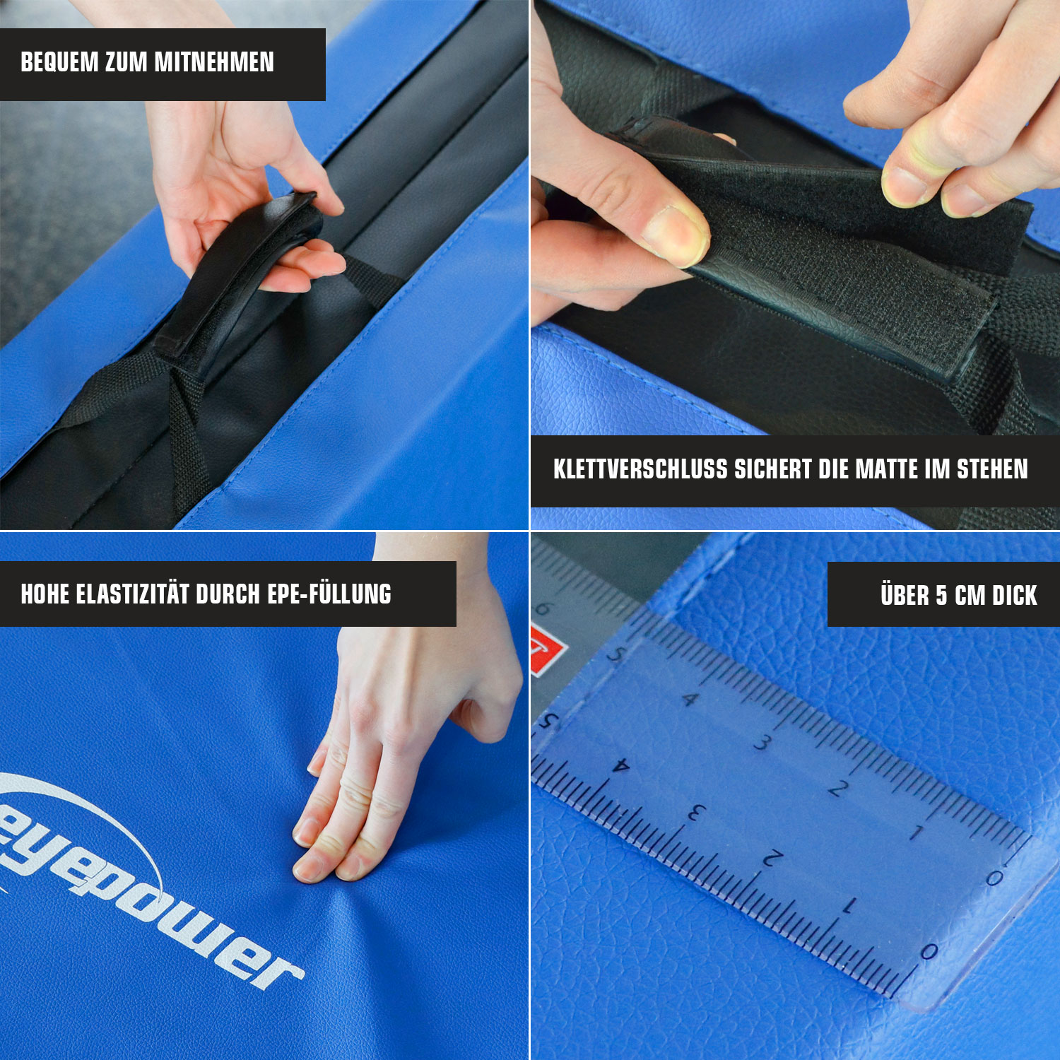 Blaue Matte mit Griff, Klettverschluss, elastischer Füllung und 5 cm Dicke.