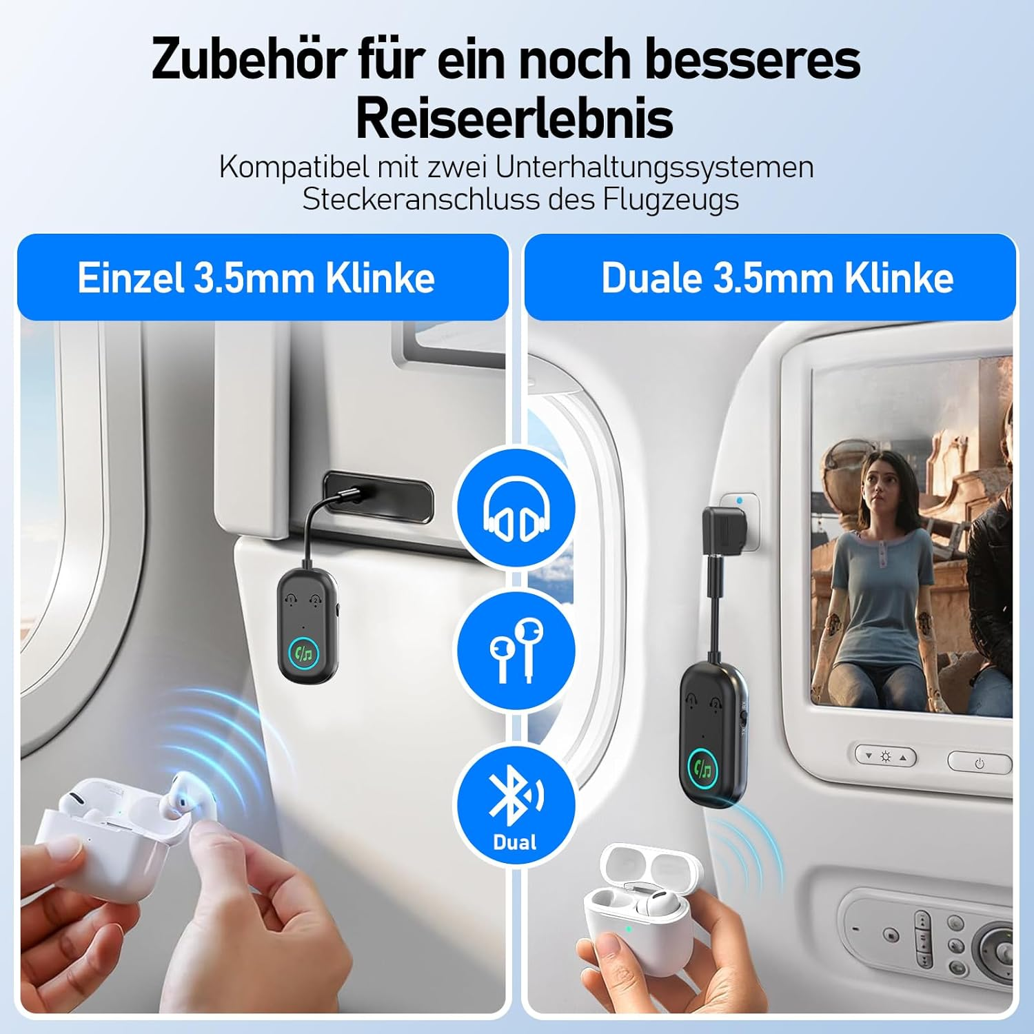 Flugzeug-Adapter für Kopfhörer: Einzel- und Dual-Anschluss mit Ladecase.
