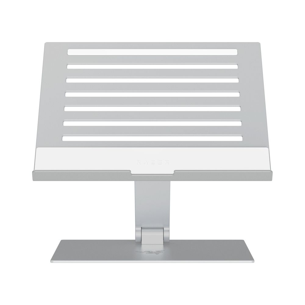 A silver laptop stand with horizontal slats and a white strip.