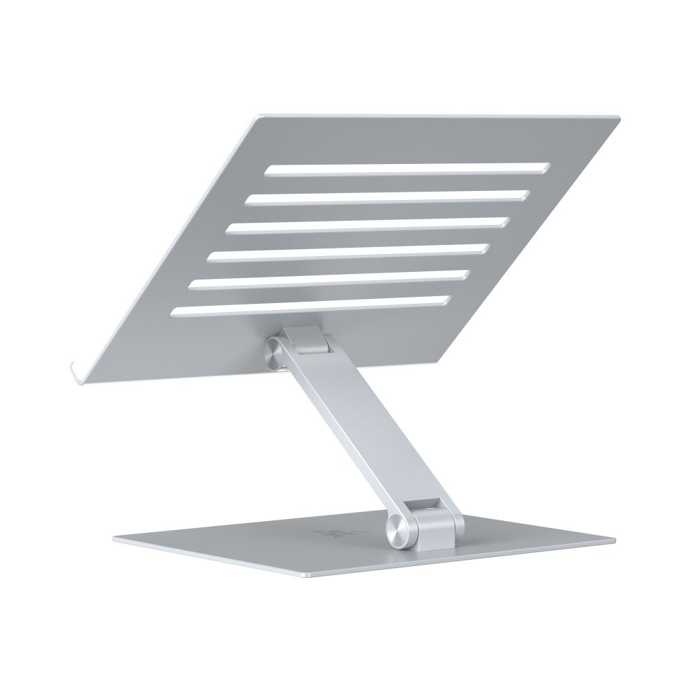 A silver adjustable laptop stand with horizontal slots on the top surface.