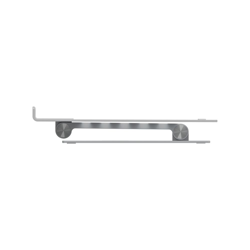 A silver laptop stand with two feet and a ribbed surface.