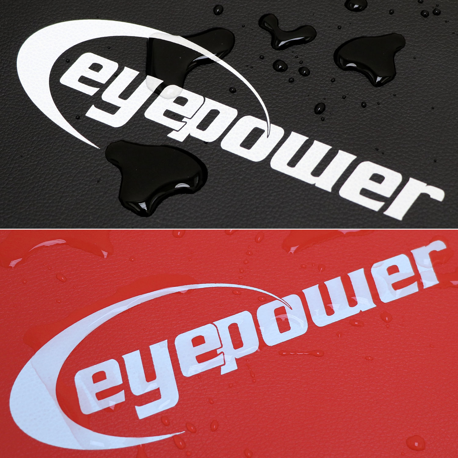 Weißer 'eyepower'-Schriftzug auf schwarzem und rotem Hintergrund mit Wassertropfen.