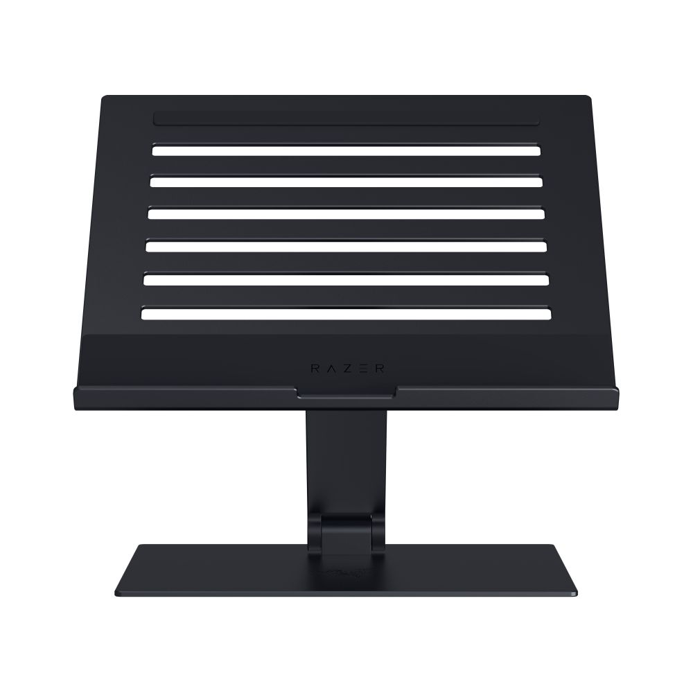 Een zwarte Razer laptopstandaard met horizontale lamellen en een stabiele voet.